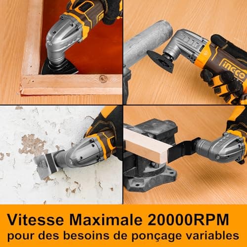 Outil Oscillant Ingco 20V Multifonction 6 Vitesses pour Couper, Poncer, Gratter, Scier avec 2 Batteries 2,0 Ah et 1 Char