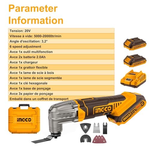 Outil Oscillant Ingco 20V Multifonction 6 Vitesses pour Couper, Poncer, Gratter, Scier avec 2 Batteries 2,0 Ah et 1 Char