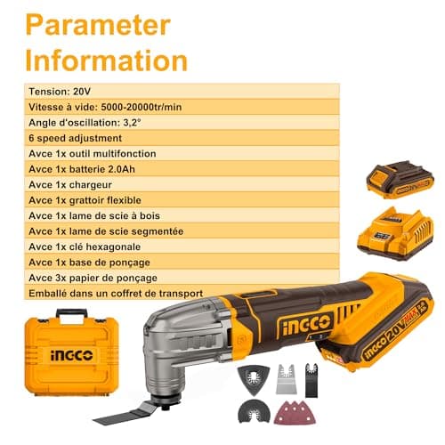 Outil Multifonction Oscillant sans Fil INGCO CMLI20228, puissance 5000-20000 tr/min, accessoires inclus, batterie 2,0 Ah