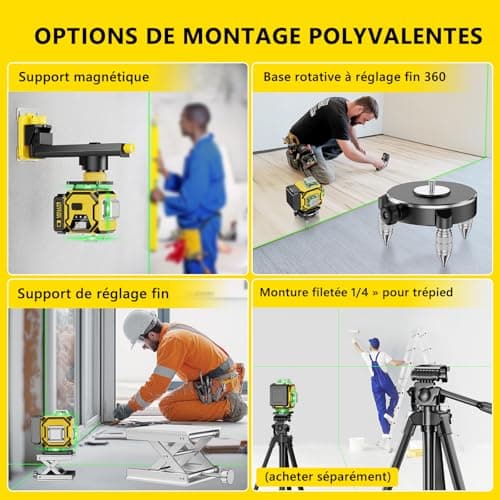 Lazer Niveaux Autonivelant 360° x 4, 2 x Batterie, Nivellement Automatique, Support Rotatif - Lazer Niveaux 4D Autonivel