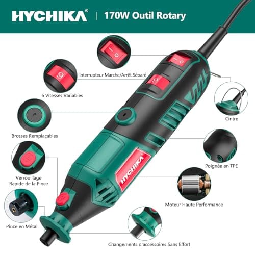 HYCHIKA Outil Rotatif 170W Parfait Pour la Coupe et le Ponçage de Détail Avec Arbre Flexible et 173 Accessoires