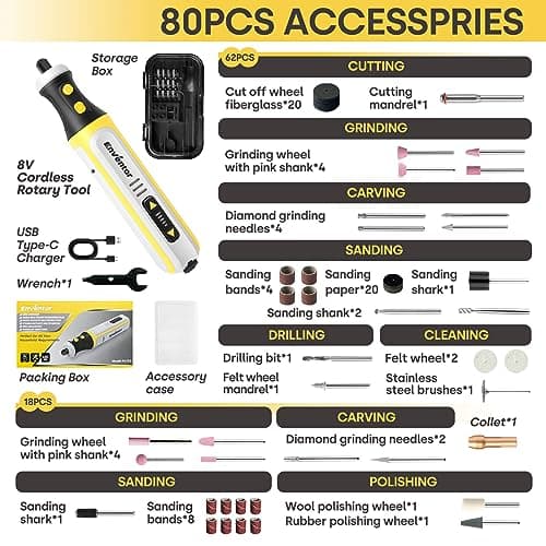 ENVENTOR Outil Rotatif Sans Fil 8V, 5 Vitesse Variable, 80 Accessoires, 5000-28000 RPM, USB Chargeable, Mini Outil pour