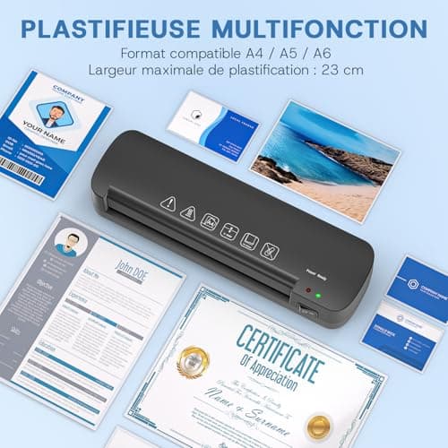 Plastifieuse A4 thermique avec 15 pochettes pour bureau et maison École Restaurant Noir