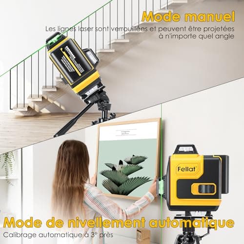 Niveau Laser FELLAT 4 x 360° Vert 4D 16 Lignes Autonivelant Mode Pulsé 2 Batteries Rechargeables Télécommande Magnétique