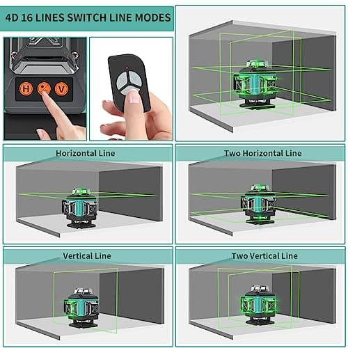 Laser Vert 4D Niveau 16 Lignes 4 x 360° 2 x Batterie Support Mural Télécommande Base Magnétique Support Rotatif