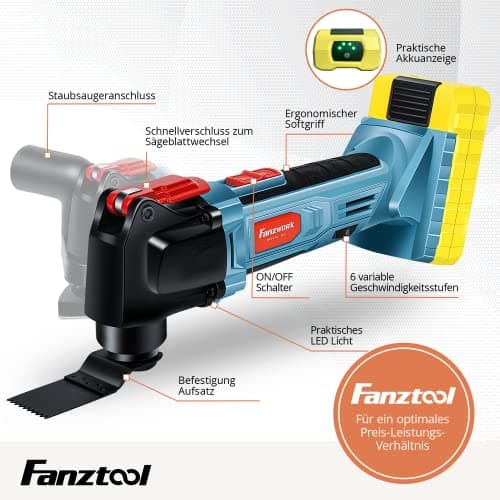 Outil multifonctions FANZTOOL sans fil 20V avec moteur EC pour professionnels, LED, 6 vitesses, Couper, Sculpter, Percer