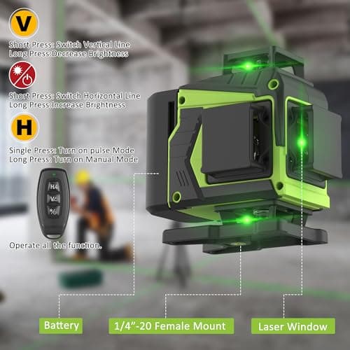 Laser à nivellement 4 x 360 °, autonomieux, pour travaux professionnels, 16 lignes de lasers vertes, avec 2 piles batter