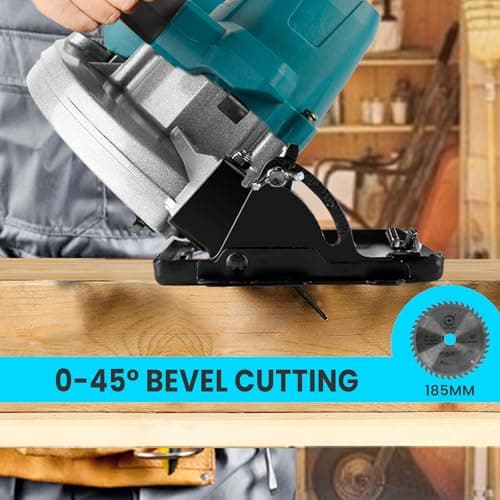 ONEVAN Scie circulaire sans brosse 1000W 4500RPM, 2 batteries, 0-45° 185mm, bois, métal, plastique, PVC