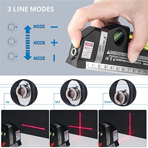 Qooltek Niveau laser multifonction - lignes laser horizontales et verticales croisées, ruban à mesurer de 2,5m / 8pieds,