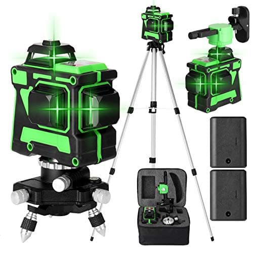 Laser niveleur vert autonivelant 3x360° rotatif 3D 12 lignes, batteries incluses 2 pièces, hauteur réglable, barre d'ext