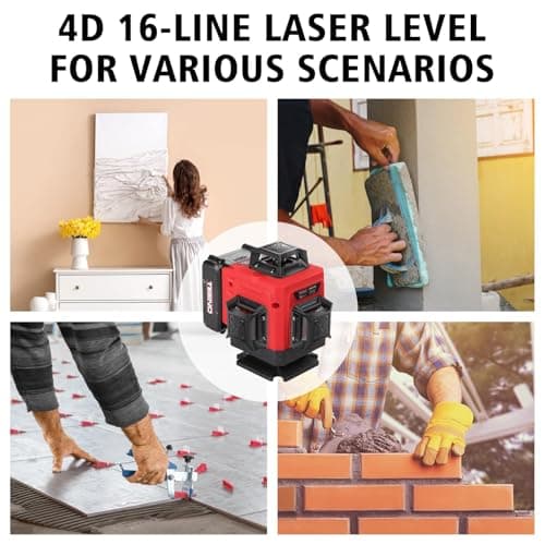 TEENO Rotatif Niveau Laser 360° x 4,4D 16 Line verte, batterie rechargeable 4800 mAh x 2 | Affichage Numérique LCD avec