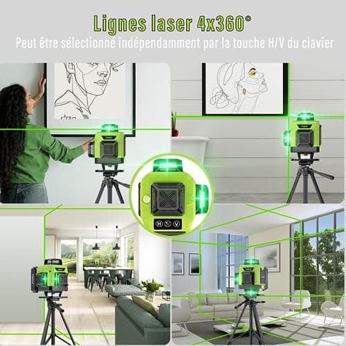 Laser Niveau Vert Autonivelant 4D 16 Lignes Avec 2 Batteries Rechargeables 4800mAh, Télécommande, Support Rotatif et Bas