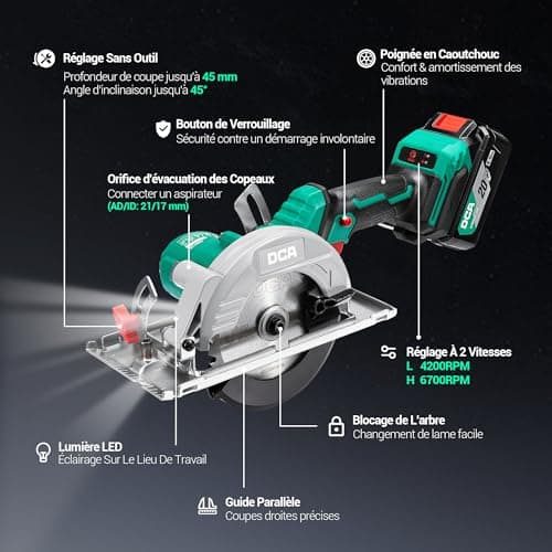 DCA Scie Circulaire Mini Sans Fil 20V 4,0Ah 6700/4200 RPM 3 Lames Ø125mm Rail Guide Profondeur 45/33mm Bois Plastique PV
