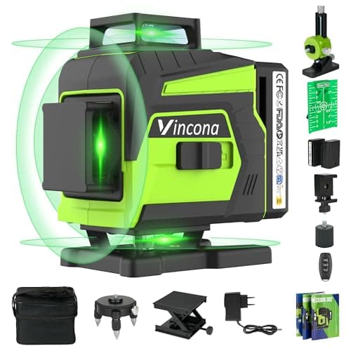 Laser à nivellement 4 x 360 °, autonomieux, pour travaux professionnels, 16 lignes de lasers vertes, avec 2 piles batter