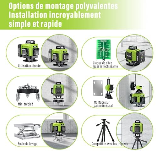 Laser Niveau Vert Autonivelant 4D 16 Lignes Avec 2 Batteries Rechargeables 4800mAh, Télécommande, Support Rotatif et Bas