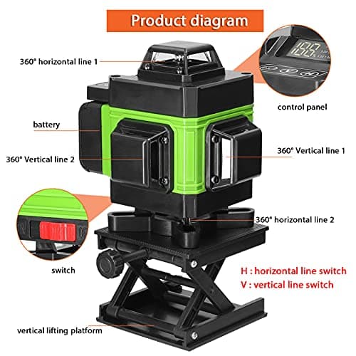 KKnoon Niveau laser 4D 16 lignes horizontales et verticales pour trépied - Régulier sur 3 hauteurs, avec 2 piles recharg