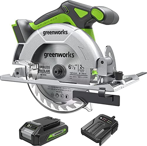 Greenworks Scie circulaire sans fil 24V GD24KSK2, lame Ø165 x Ø20 mm, profondeur de coupe : 67 mm, batterie 2Ah, chargeu