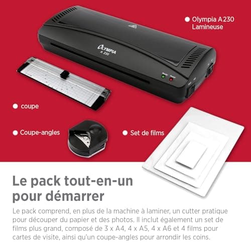 Olympia Jeu de plastification A4 230 4 en 1 | Plastifieuse avec arrondisseur d'angle, coupe-papier et films de plastific