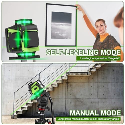 Niveau laser chantier autonivelant 4x360°, vert 4D, 16 lignes LED, 2x batterie, IP54, support rotatif, télécommande & ma