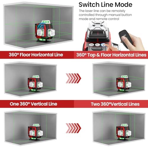 Niveau Laser 360°x 4D Niveau Laser Vert Auto-nivelant avec Télécommande Intégrée Batterie Rechargeable 2 * 2400 mAh