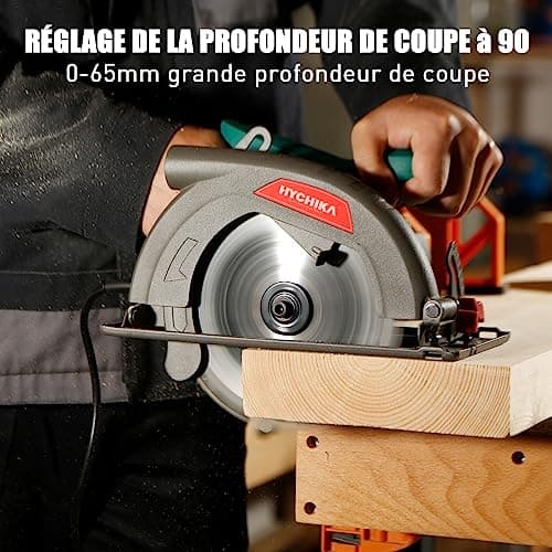 HYCHIKA Scie Circulaire Électrique, Haute Puissance pour Bois et Plastique, Profondeur de coupe jusqu'à 65 mm et 45 mm,