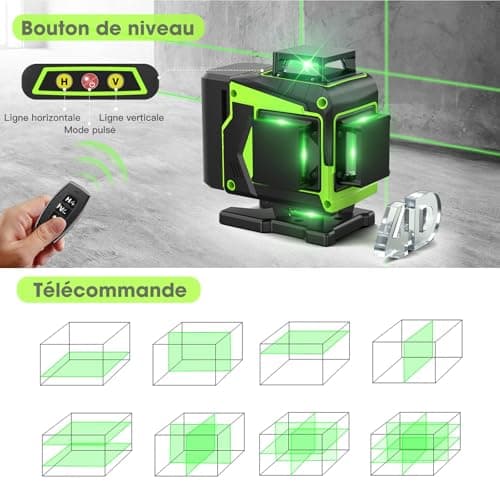 Niveau laser chantier autonivelant 360° x 4 | Lazer Niveaux 4D 16 Lignes Laser | Autonivellement et Mode Pulsé Extérieur