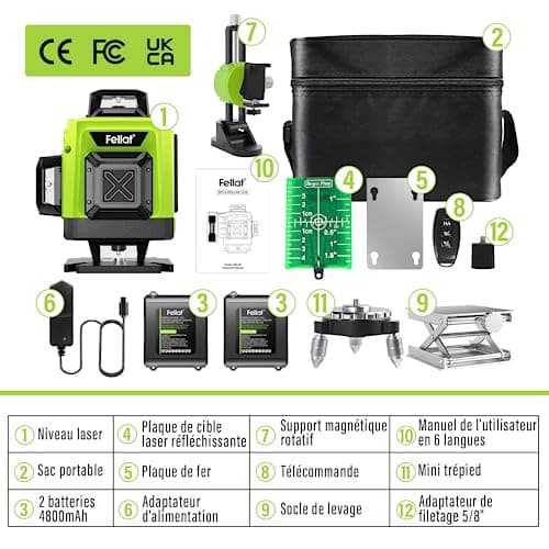 Laser Niveau Vert Autonivelant 4D 16 Lignes Avec 2 Batteries Rechargeables 4800mAh, Télécommande, Support Rotatif et Bas