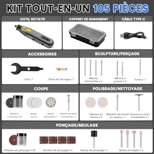 Enventor 4V Outil Rotatif Multifonction - Perceuse sans Fil Électrique, 2 000 mAh, 5 Vitesses, 25 000 RPM, 104 Accessoir