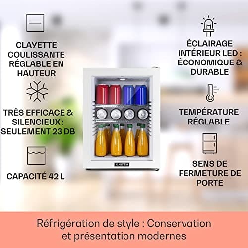Klarstein Mini Frigo de Chambre 42L pour Snacks et Boissons, Réfrigérateur Silencieux et Économe Électrique avec Étagère