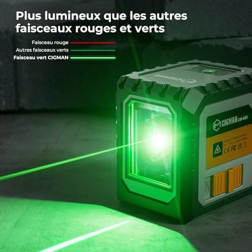 CIGMAN Niveau laser vert, auto-nivelant, batteries rechargeables intégrées, fonction bouton de contrôle, usage en constr