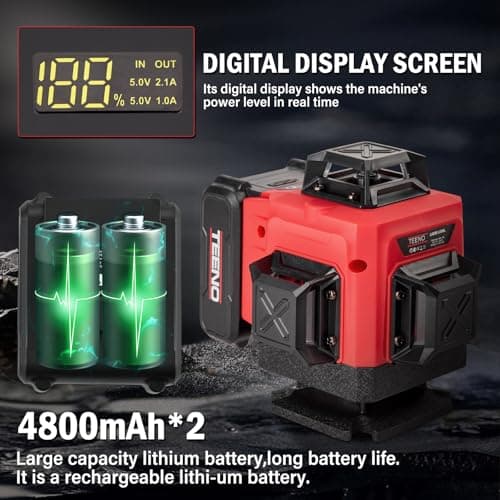 TEENO Niveau Laser Autonivelant vert 4D, Batterie Rechargeable 4800 mAh x 2, Affichage Numérique LCD et Télémètre