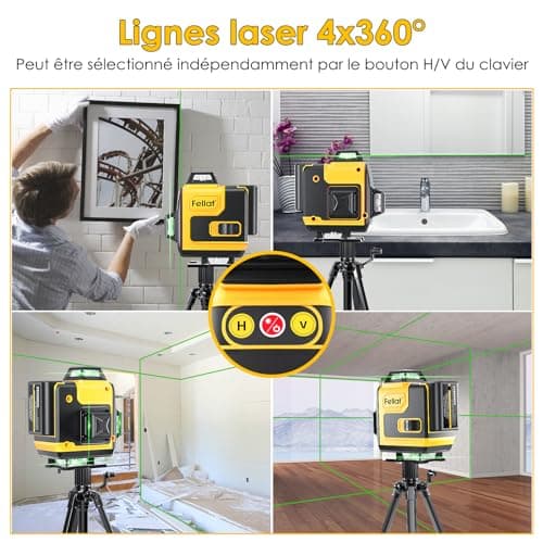Niveau Laser FELLAT 4 x 360° Vert 4D 16 Lignes Autonivelant Mode Pulsé 2 Batteries Rechargeables Télécommande Magnétique