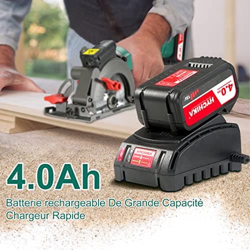 HYCHIKA Scie Circulaire Sans Fil 18V, Batterie Li-ion |0Ah, Guide Laser, pour Couper du Bois Métal, 3 Lames 3500RPM Maxi
