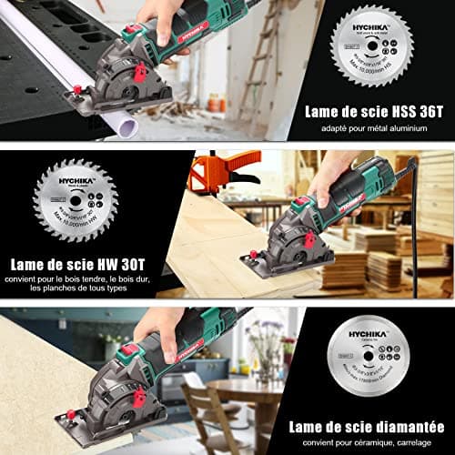 HYCHIKA 500W Mini Scie Circulaire pour Bois, Métal Mou et Carreaux - Grande Capacité de Coupe à 4500 RPM - Profondeur de