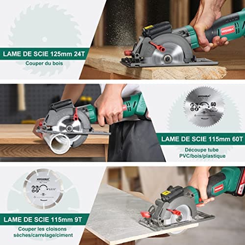 HYCHIKA Scie Circulaire Sans Fil 18V, Batterie Li-ion |0Ah, Guide Laser, pour Couper du Bois Métal, 3 Lames 3500RPM Maxi