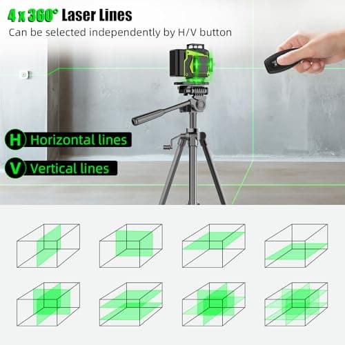 Niveau laser chantier autonivelant 4x360°, vert 4D, 16 lignes LED, 2x batterie, IP54, support rotatif, télécommande & ma