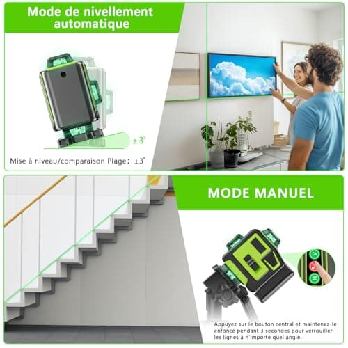 Laser Niveleuse Autonivelante 360° x 4 Lignes Laser 16 Lignes x 2 Batteries Automatique Extérieur Mode Pulsé Extérieur