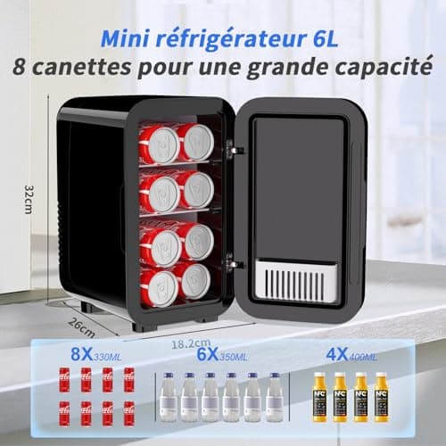YASHE Mini réfrigérateur, 6 litres/8 canettes, réfrigérateurs thermoélectriques portables, pour bureau, voiture, noir