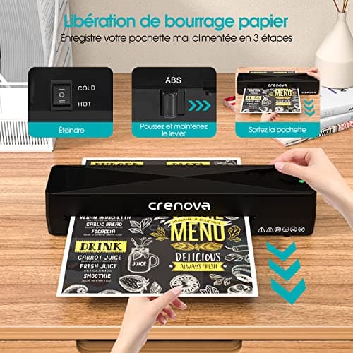 Crenova Plastifieuse A4 Multifonction Noire pour Maison et Bureau sans Bulles avec 10 Pochettes