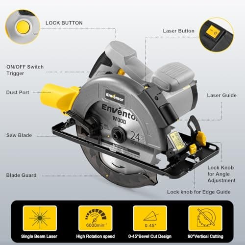 ENVENTOR Scie Circulaire Électrique 1400W pour Bois + Guide Laser + Moteur en Cuivre Pur