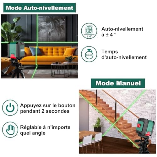 HYCHIKA Niveau Laser 15M Autonivelant, Niveaux Laser Vert avec 3 Niveaux de Luminosité Réglables pour Décoration de Mais