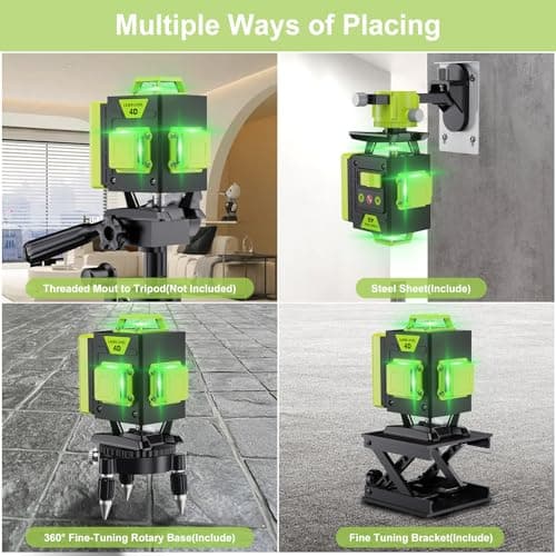 Laser Niveau Professionnel 4 x 360° Vert 16 Lignes Autonivelant Batterie Rechargeable pour Chantier Construction Accroch