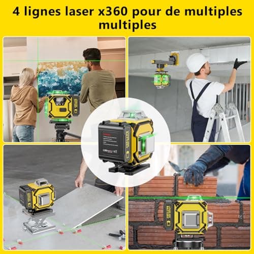 Lazer Niveaux Autonivelant 360° x 4, 2 x Batterie, Nivellement Automatique, Support Rotatif - Lazer Niveaux 4D Autonivel