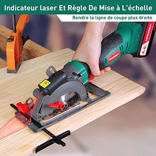 HYCHIKA Scie Circulaire Sans Fil 18V, Batterie Li-ion |0Ah, Guide Laser, pour Couper du Bois Métal, 3 Lames 3500RPM Maxi