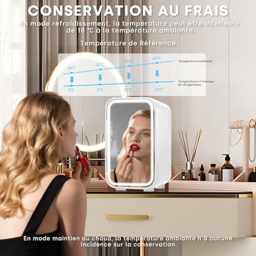 Enventor Mini Frigo 6L/8 canettes Blanc, réfrigérateur pour cosmétiques avec miroir LED, chambre et voiture