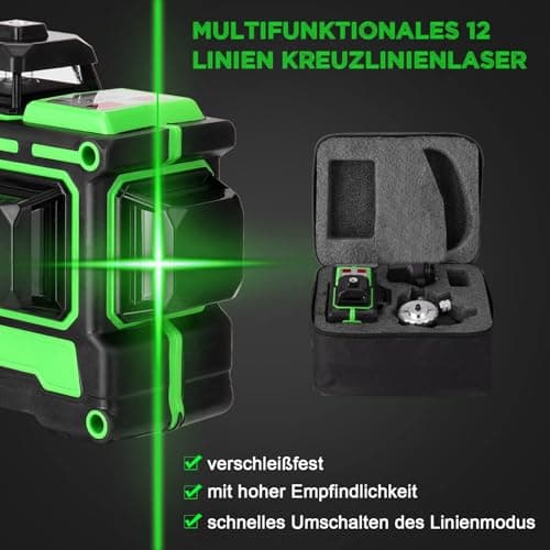 Niveau laser vert multifonctionnel 3x360 3D 12 lignes avec auto-nivellement 3° et auto-équilibrage (Avec 1 accumulateur)