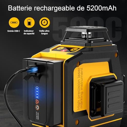 SAVSEC Laser Niveau 360° SAVSEC Laser Chantier 4D 16 Lignes Laser, Luminosité Réglable, Télécommande, Batterie Rechargea