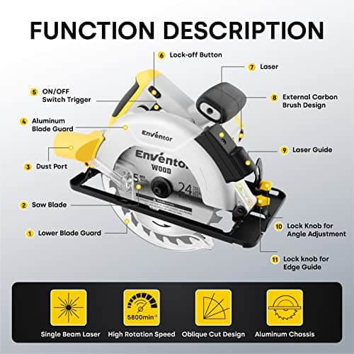 ENVENTOR Scie Circulaire 1200W, Guide Laser, Lame 185mm, Bois Métal Plastique