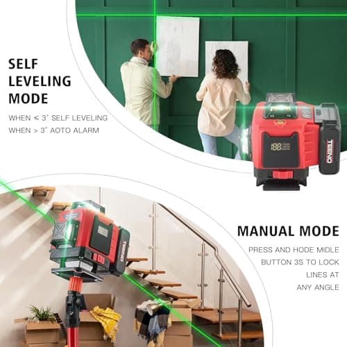 TEENO Rotatif Niveau Laser 360° x 4,4D 16 Line verte, batterie rechargeable 4800 mAh x 2 | Affichage Numérique LCD avec