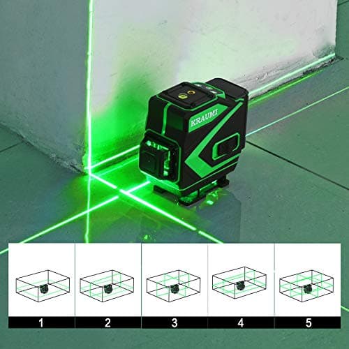Kraumi Niveau laser 12 linges autonivelant 3x360° ligne horizontale et verticale faisceau laser vert 30M piles inclus